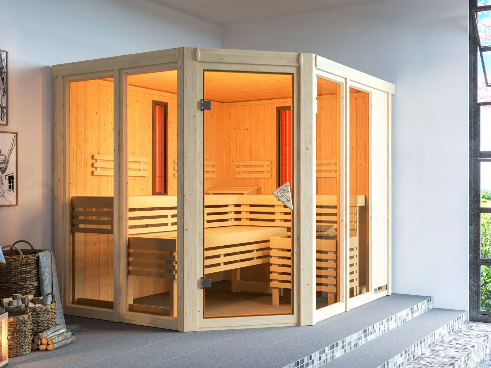 Karibu Multifunktions-Sauna Ava, inkl. 9 kW Ofen, ext. Steuerung Wifi HUUM und Infrarotstrahler