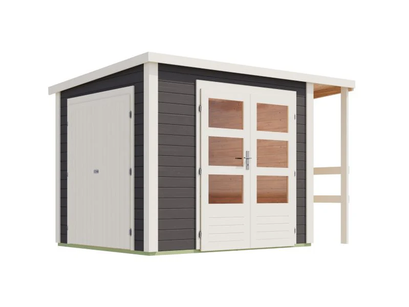 Karibu Multifunktionshaus Pultdach mit Schrank und Anbaudach 28 mm, terragrau - Image 3