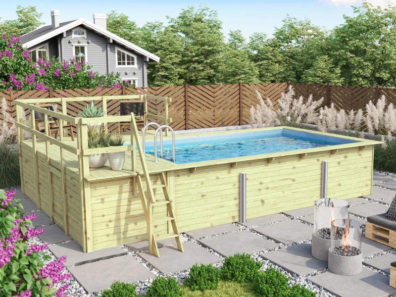 Karibu Rechteck Pool Größe 3 im Set inkl. Filterpaket, Terrasse 3,5 m und Seitenterrasse