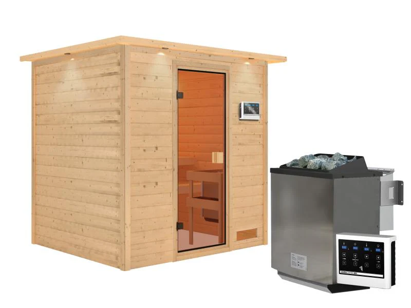 Karibu Sauna Adelina inkl. 9 kW Bioofen ext. Steuerung mit klassischer Saunatür -mit Dachkranz- - Image 2