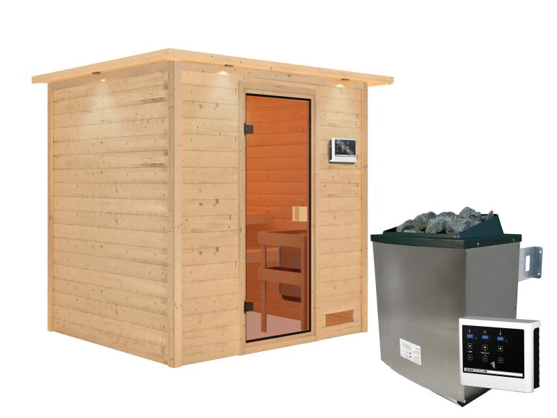 Karibu Sauna Adelina inkl. 9 kW Ofen integr. Steuerung mit klassischer Saunatür -mit Dachkranz- - Image 2