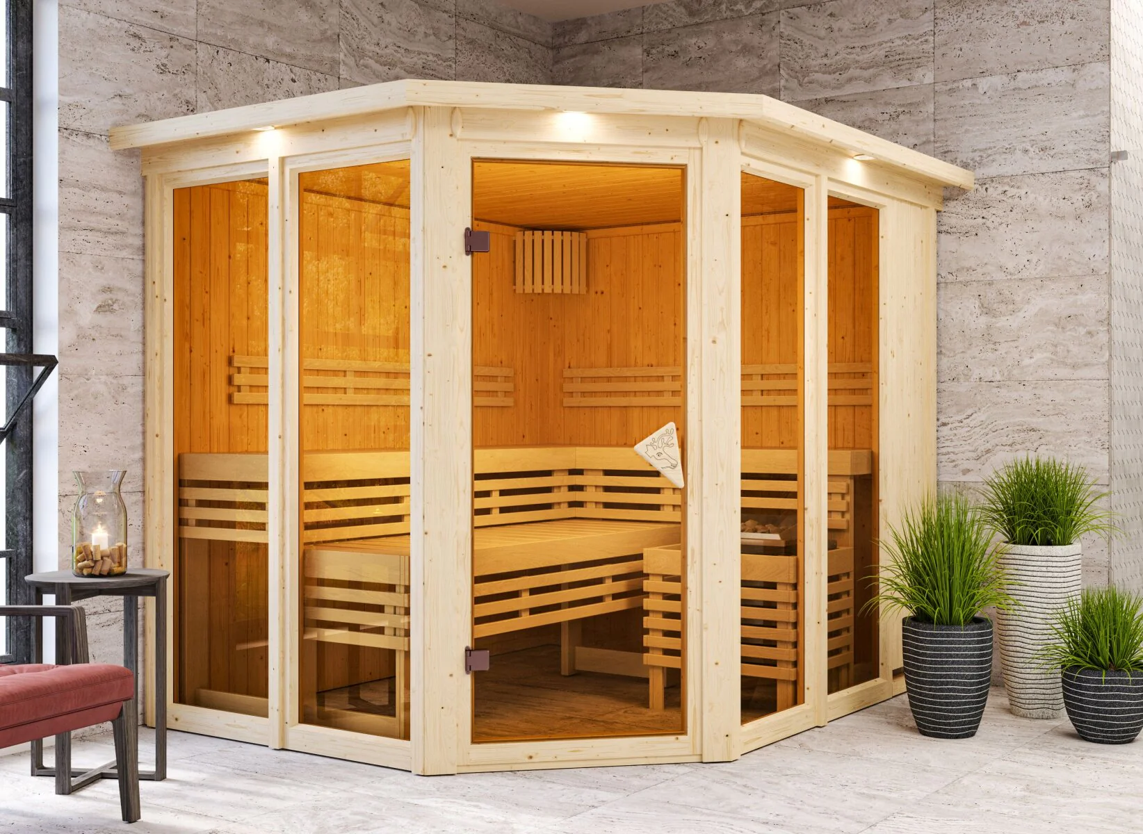 Karibu Sauna Ainur 3, 68 mm, inkl. 9 kW Bioofen ext. Steuerung Wifi HUUM - mit Dachkranz - - Image 2