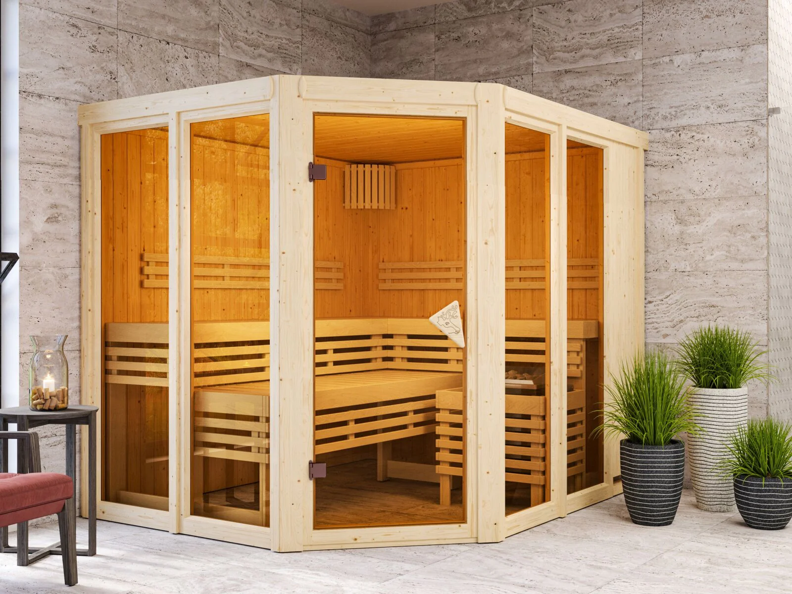Karibu Sauna Ainur 3, 68 mm, inkl. 9 kW Bioofen ext. Steuerung Wifi HUUM - ohne Dachkranz -