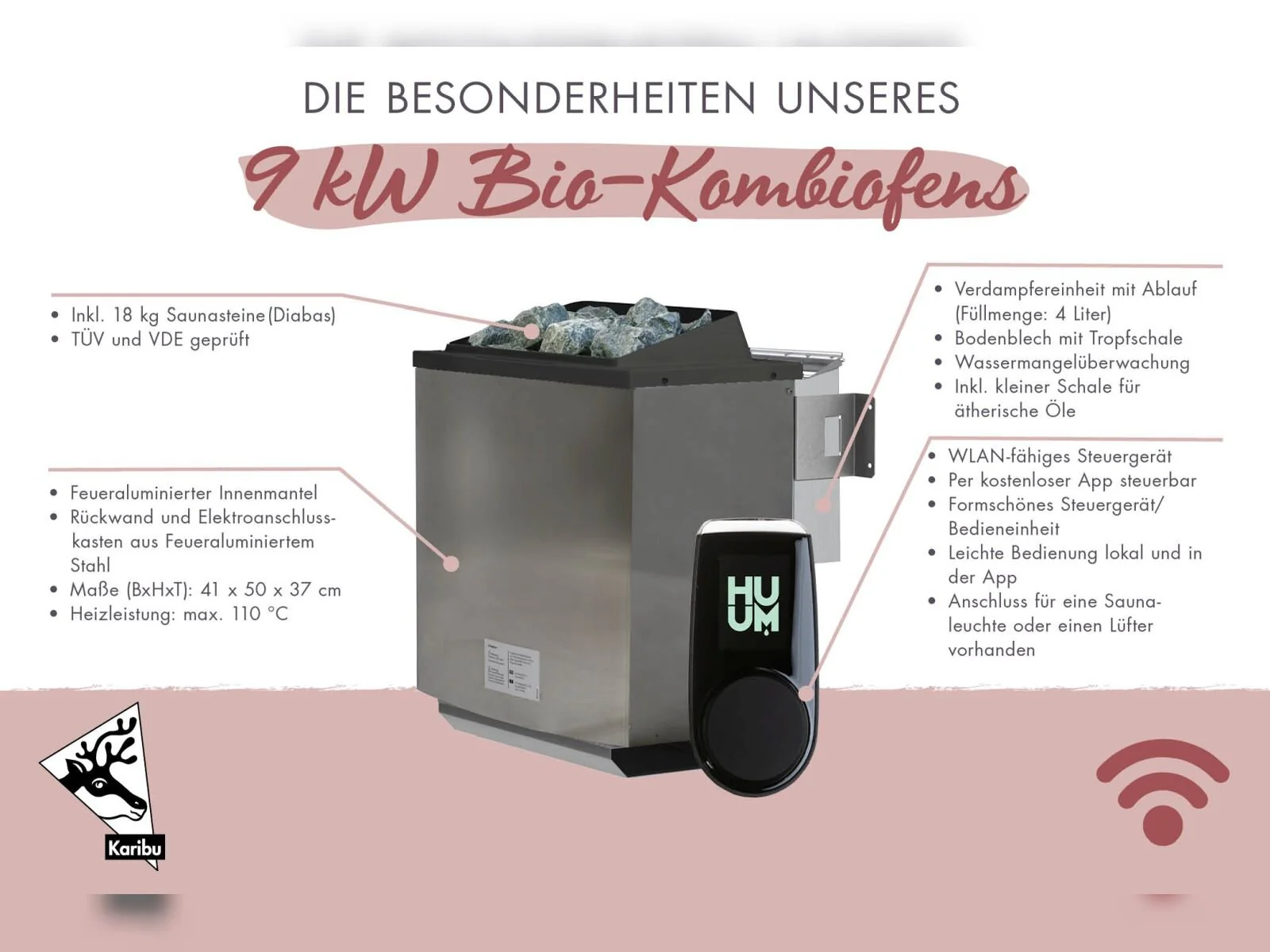 Karibu Sauna Ainur 3, 68 mm, inkl. 9 kW Bioofen ext. Steuerung Wifi HUUM - ohne Dachkranz - - Image 7