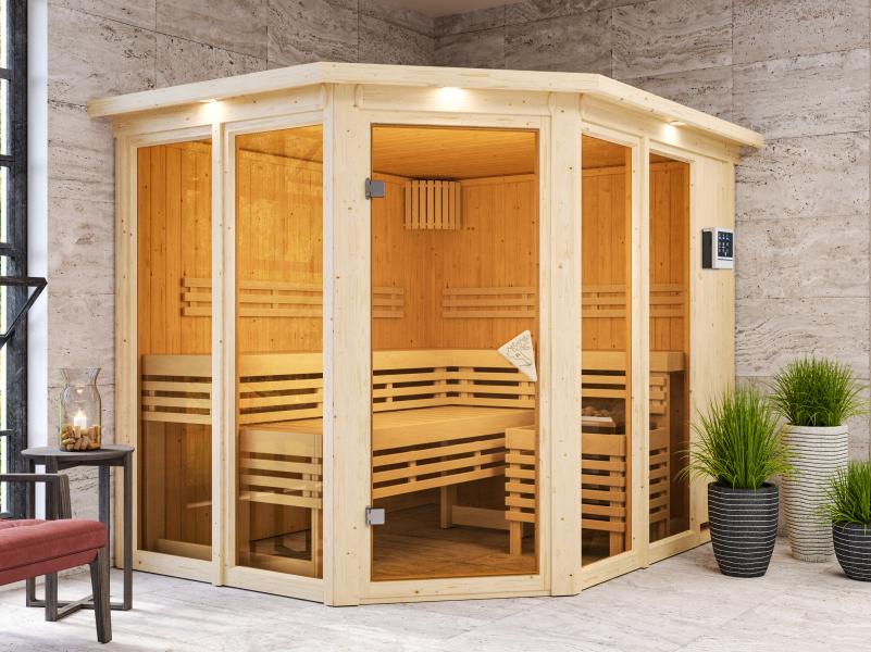 Karibu Sauna Ainur mit Dachkranz und 9 kW Ofen Ext. Strg 68 mm - Image 4