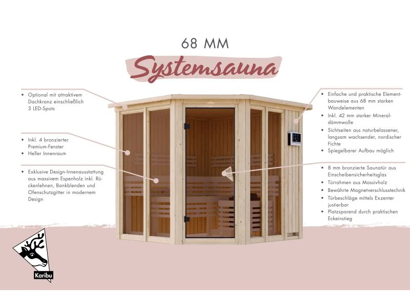 Karibu Sauna Airi, inkl. 9 kW Ofen integr. Steuerung - ohne Dachkranz - - Image 4