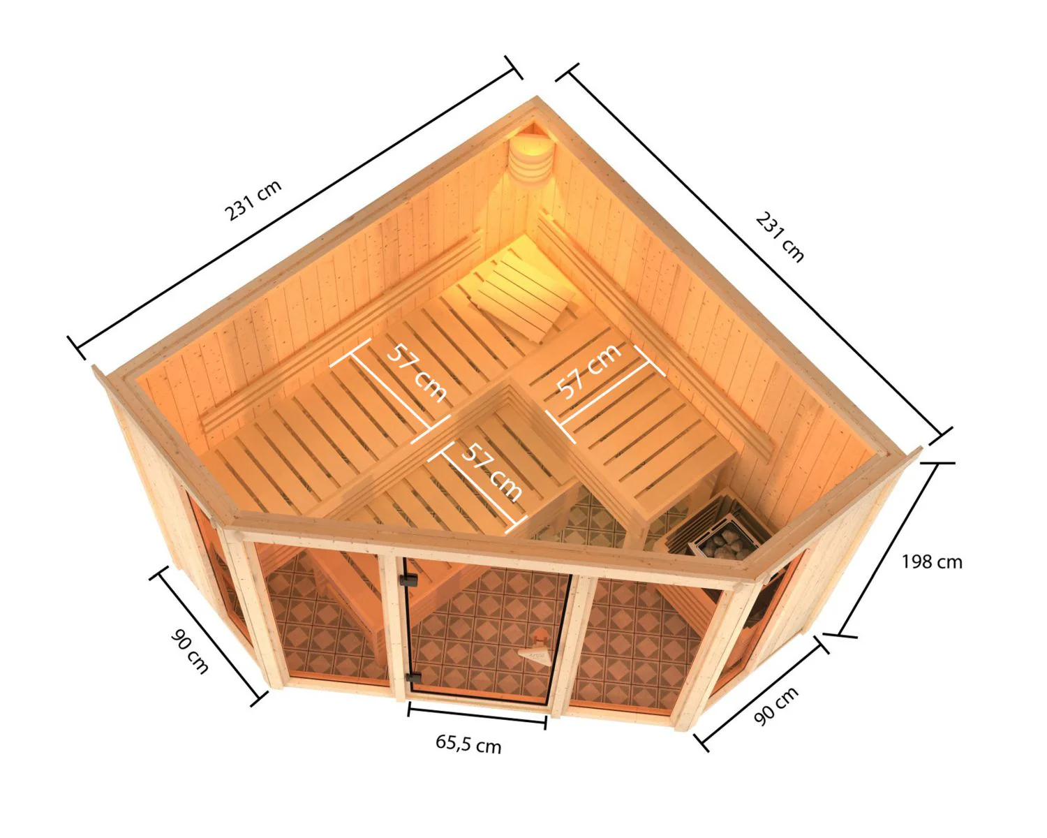 Karibu Sauna Alcinda 2, 68 mm, inkl. 9 kW Bioofen ext. Steuerung Wifi HUUM - ohne Dachkranz - - Image 2