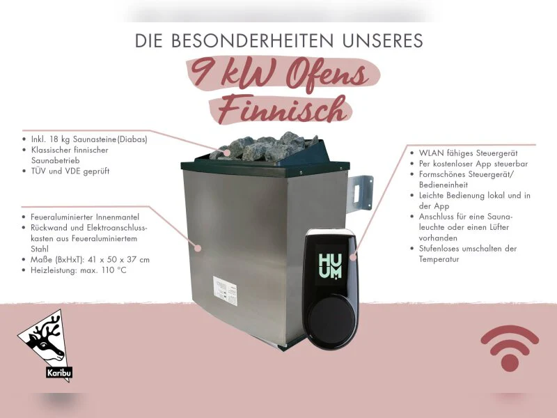 Karibu Sauna Alcinda 2, 68 mm, inkl. 9 kW Ofen ext. Steuerung Wifi HUUM - ohne Dachkranz - - Image 8