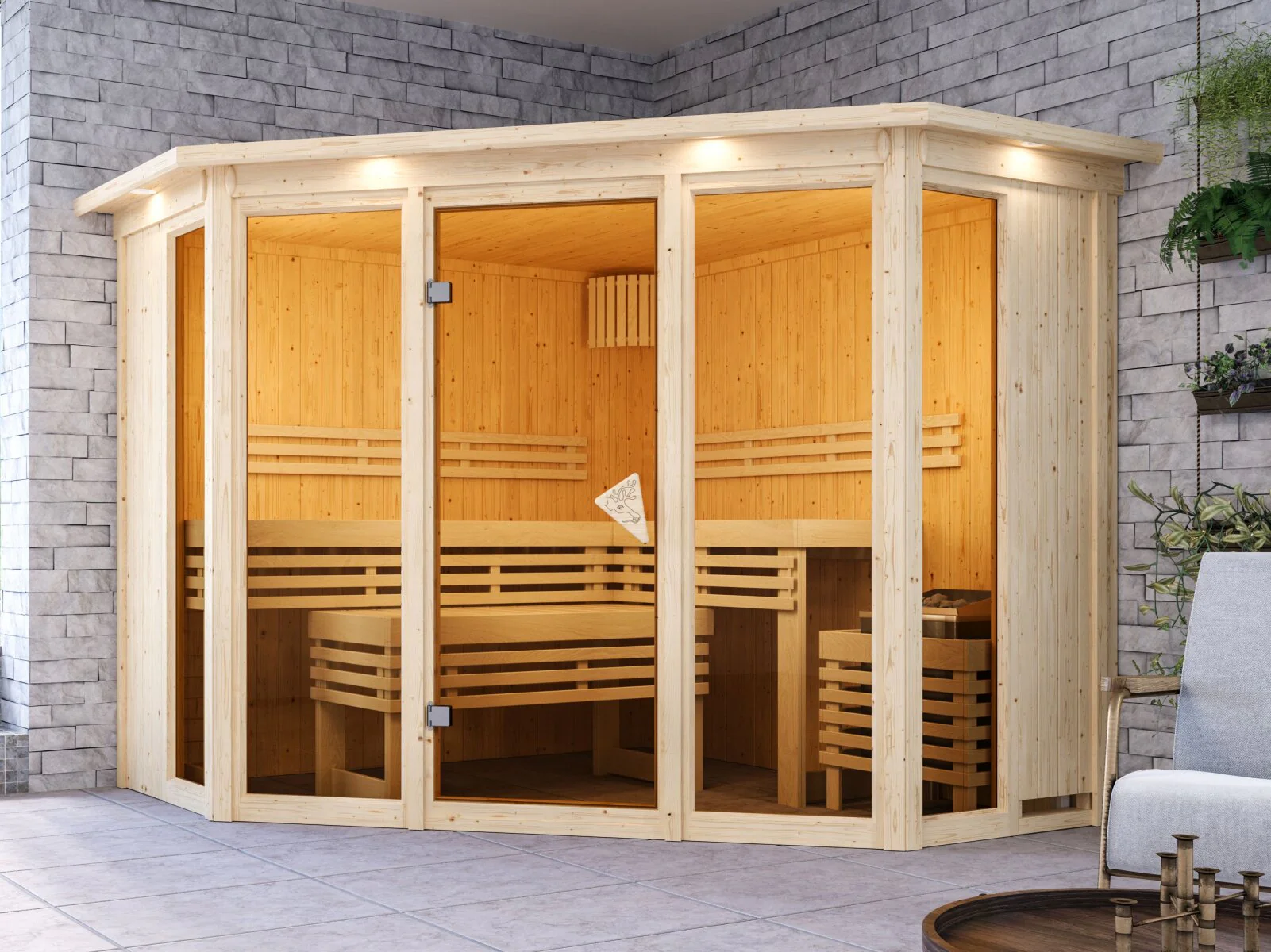 Karibu Sauna Alcinda, 68 mm, inkl. 9 kW Ofen ext. Streuerung Wifi HUUM - mit Dachkranz -