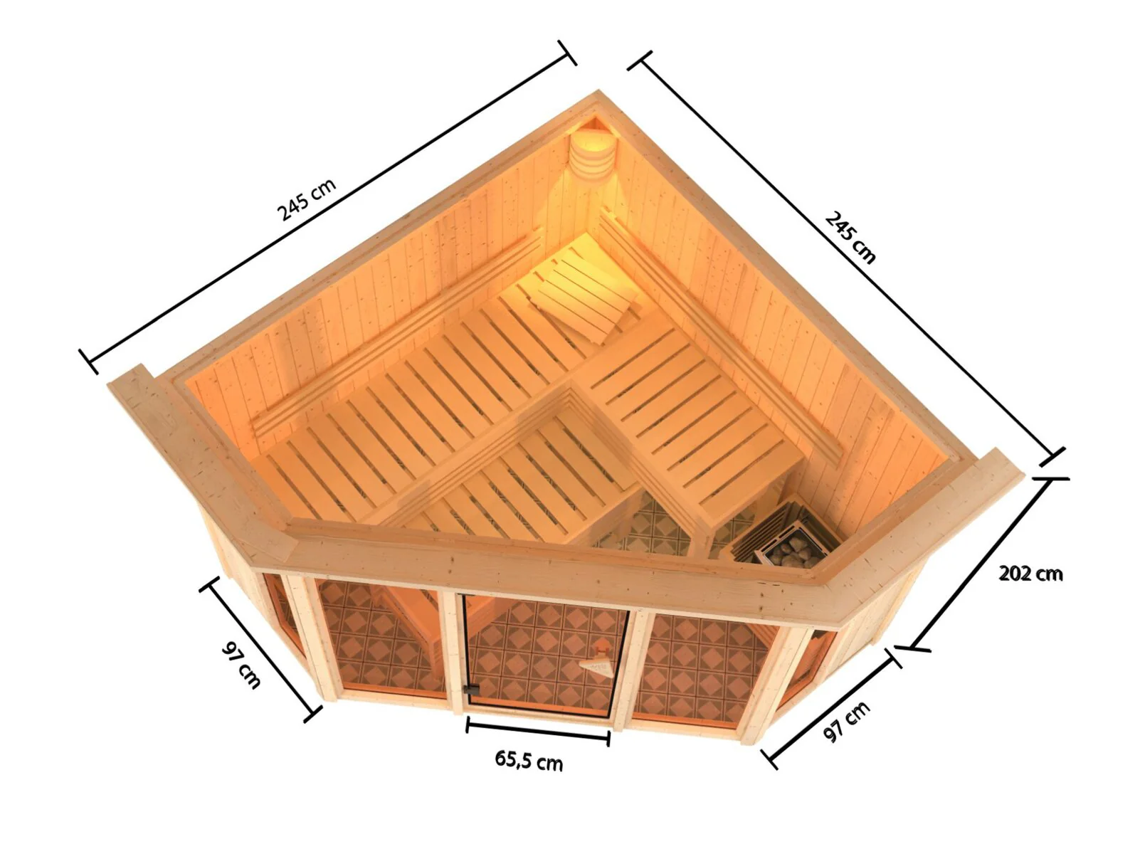 Karibu Sauna Alcinda, 68 mm, inkl. 9 kW Ofen ext. Streuerung Wifi HUUM - mit Dachkranz - - Image 2