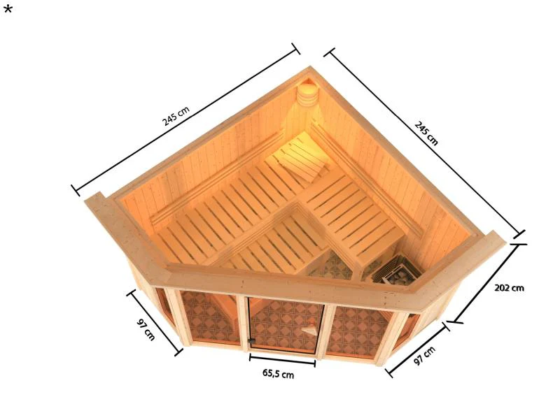 Karibu Sauna Alcinda mit Dachkranz- 9 kW Ofen Ext. Strg 68 mm - Image 3