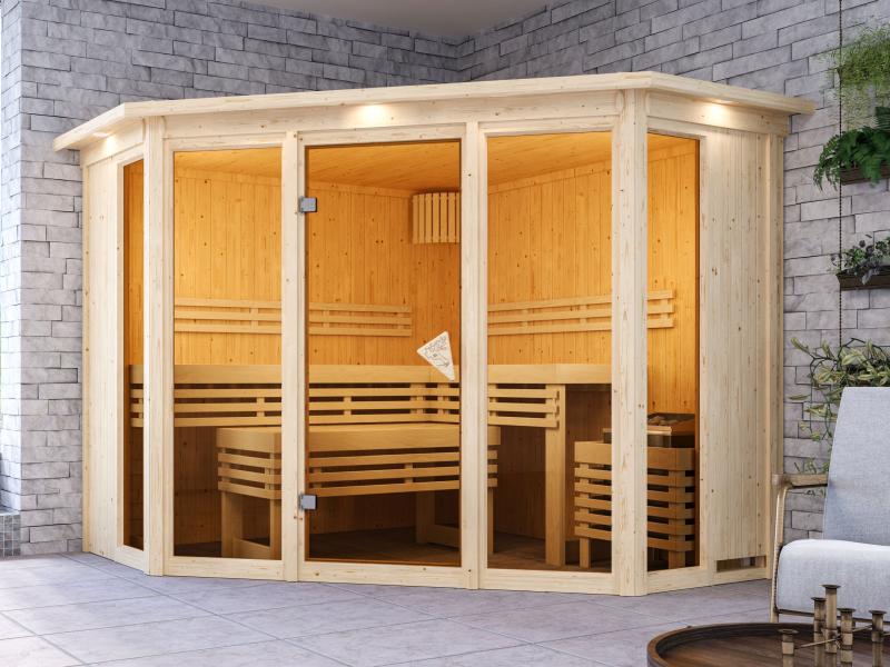 Karibu Sauna Alcinda mit Dachkranz- 9 kW Ofen Integr. Strg 68 mm - Image 4
