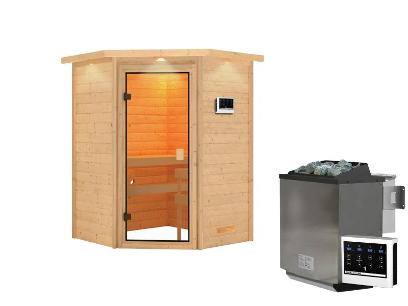 Karibu Sauna Antonia inkl. 9 kW Bioofen ext. Steuerung mit klassischer Saunatür -mit Dachkranz- - Image 2