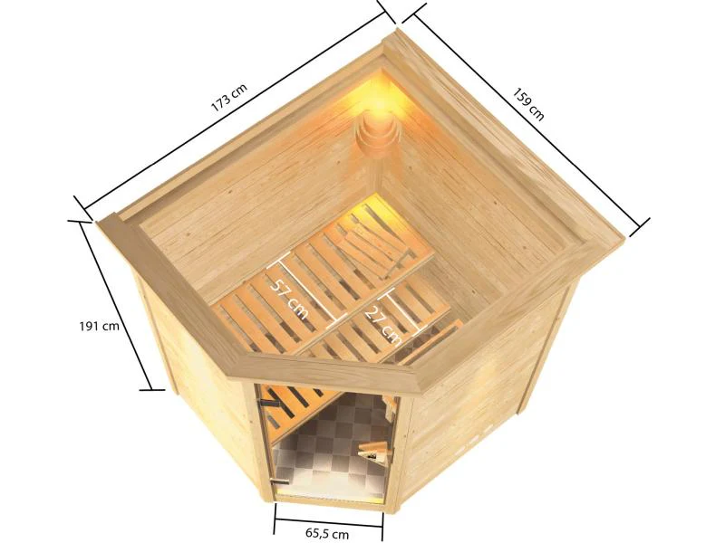Karibu Sauna Antonia inkl. 9 kW Bioofen ext. Steuerung mit klassischer Saunatür -mit Dachkranz- - Image 3