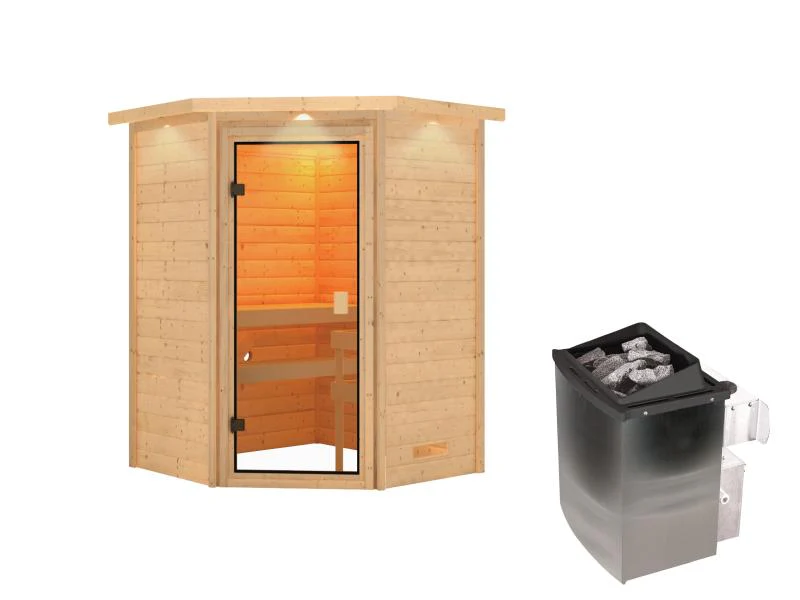 Karibu Sauna Antonia inkl. 9 kW Ofen integr. Steuerung mit klassischer Saunatür -mit Dachkranz- - Image 2