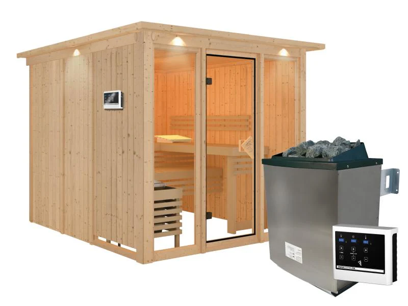 Karibu Sauna Askja 68 mm- 9 kW Ofen ext.Strg- mit Dachkranz - Image 2