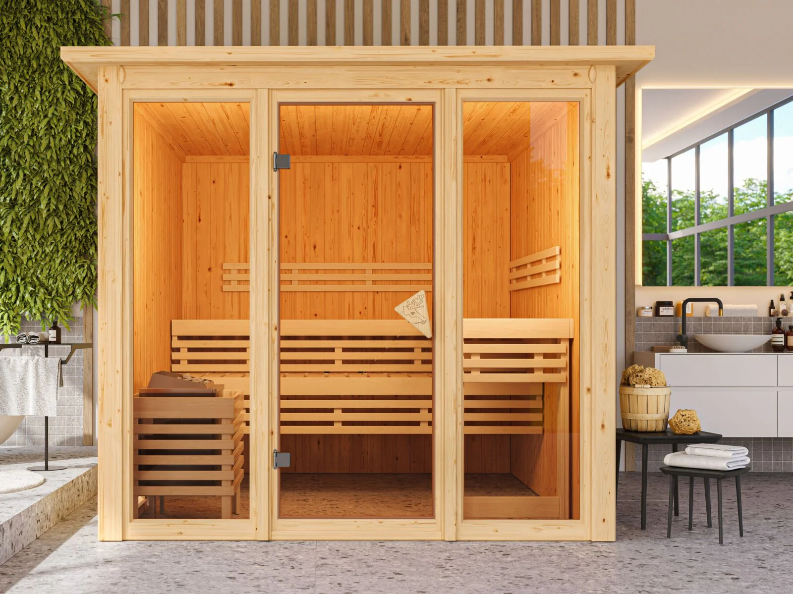 Karibu Sauna Askja 68 mm, inkl. 9 kW Ofen ext. Seuerung Wifi HUUM - mit Dachkranz -