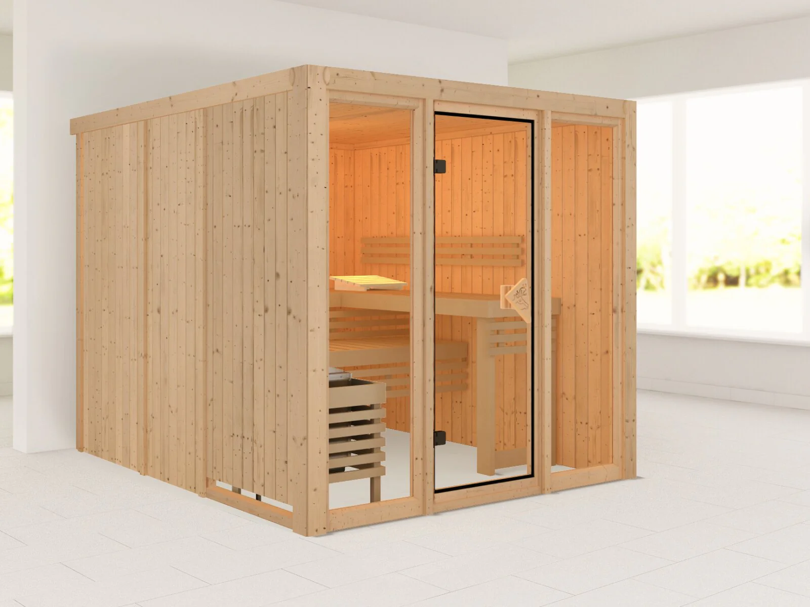 Karibu Sauna Askja 68 mm, inkl. 9 kW Ofen ext. Steuerung Wifi HUUM - ohne Dachkranz -