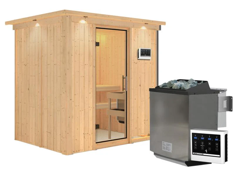 Karibu Sauna Bodin inkl. 9 kW Bioofen ext. Steuerung mit Klarglas Ganzglastür -mit Dachkranz- - Image 4