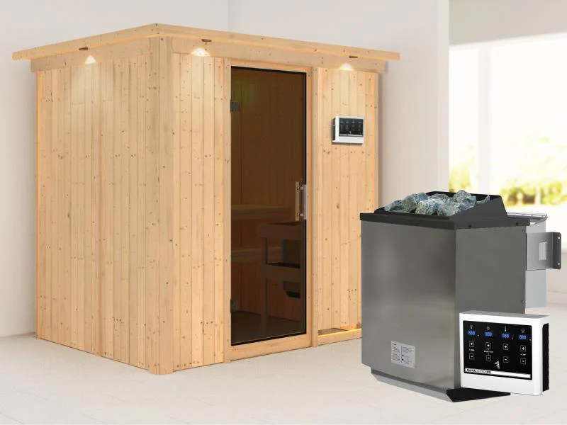 Karibu Sauna Bodin inkl. 9 kW Bioofen ext. Steuerung, moderner Saunatür -mit Dachkranz-