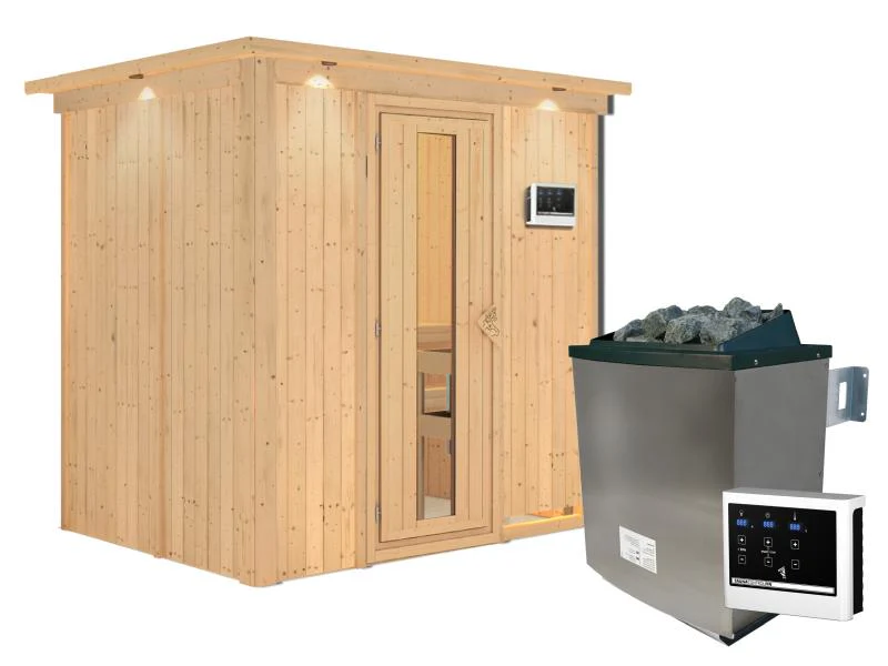 Karibu Sauna Bodin inkl. 9 kW Ofen ext. Steuerung, mit energiesparender Saunatür -mit Dachkranz- - Image 3
