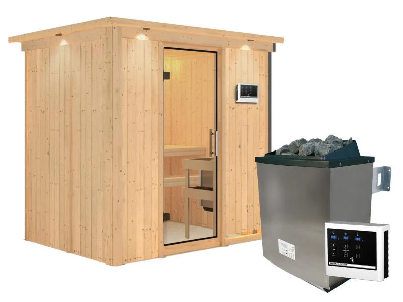 Karibu Sauna Bodin inkl. 9 kW Ofen ext. Steuerung mit Klarglas Ganzglastür -mit Dachkranz- - Image 4