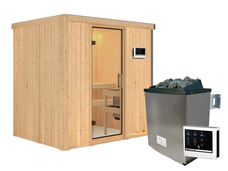 Karibu Sauna Bodin inkl. 9 kW Ofen ext. Steuerung, mit Klarglas Ganzglastür -ohne Dachkranz- - Image 4