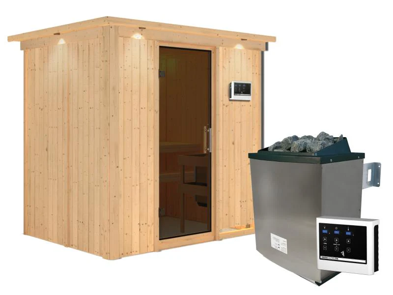 Karibu Sauna Bodin inkl. 9 kW Ofen ext. Steuerung mit moderner Saunatür -mit Dachkranz- - Image 4