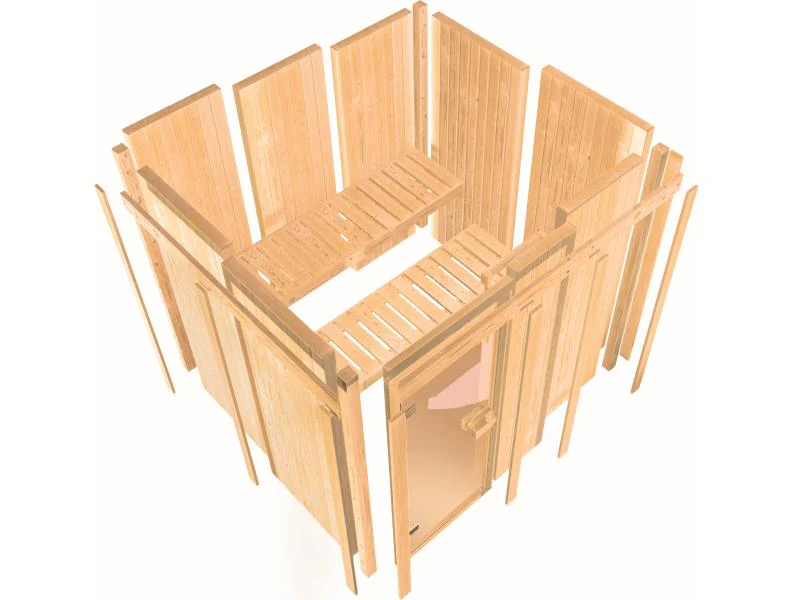 Karibu Sauna Bodin inkl. 9 kW Ofen ext. Steuerung mit moderner Saunatür -mit Dachkranz- - Image 9