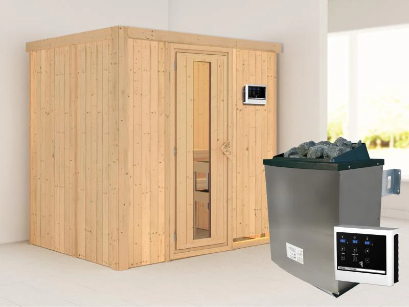 Karibu Sauna Bodin inkl. 9 kW Ofen externer Steuerung, mit energiesparender Saunatür -ohne Dachkranz - Image 2