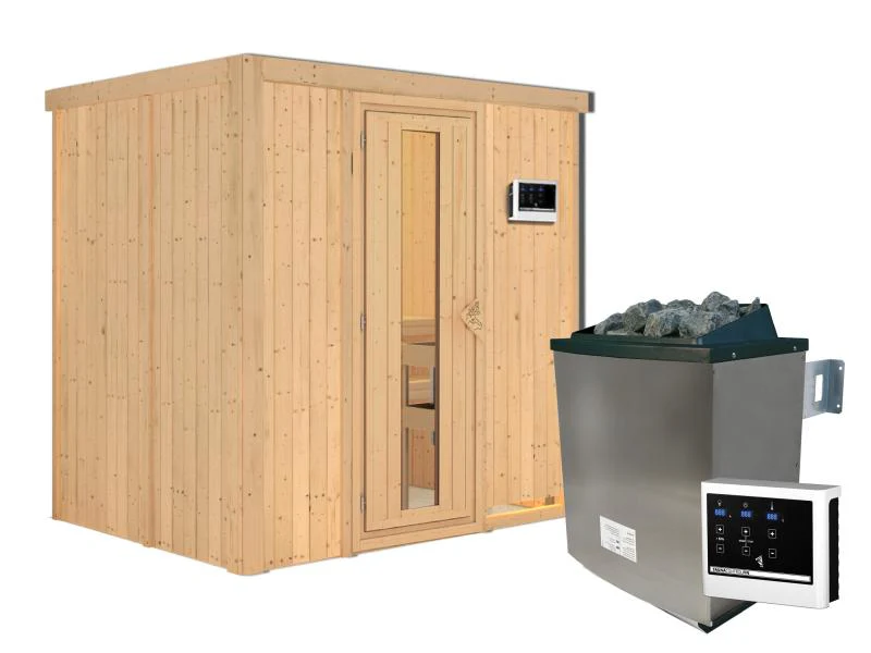 Karibu Sauna Bodin inkl. 9 kW Ofen externer Steuerung, mit energiesparender Saunatür -ohne Dachkranz - Image 3