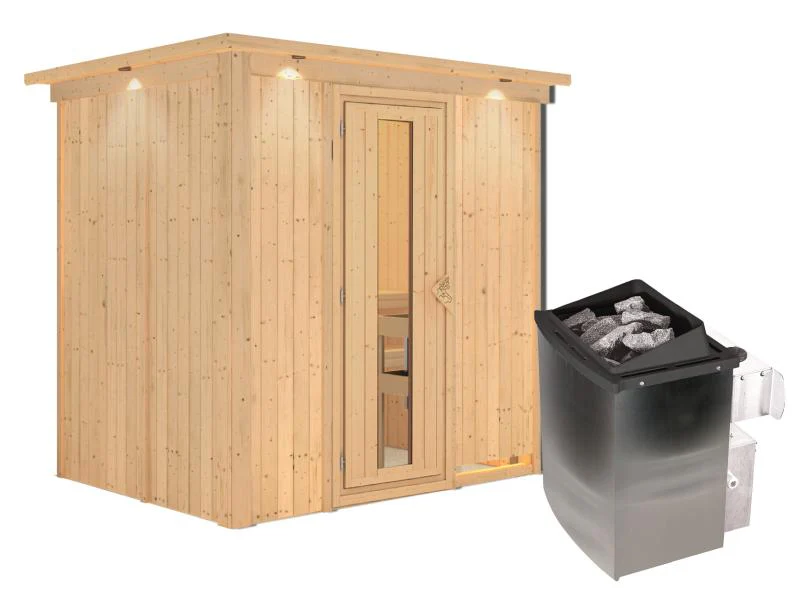 Karibu Sauna Bodin inkl. 9 kW Ofen integr. Steuerung, mit energiesparender Saunatür -mit Dachkranz- - Image 3