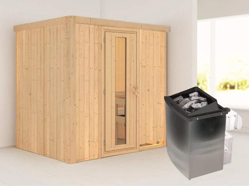 Karibu Sauna Bodin inkl. 9 kW Ofen integr. Steuerung, mit energiesparender Saunatür -ohne Dachkranz- - Image 2