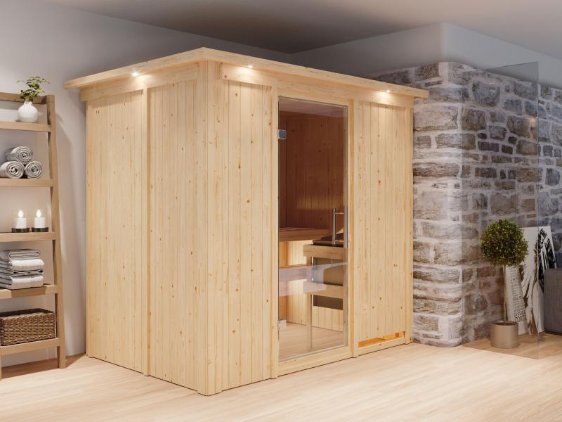 Karibu Sauna Bodin inkl. 9 kW Ofen integr. Steuerung mit Klarglas Ganzglastür -mit Dachkranz- - Image 2