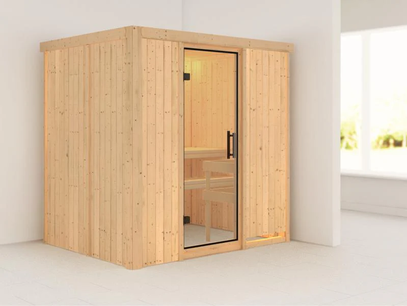 Karibu Sauna Bodin ohne Ofen, ohne Dachkranz, mit Ganzglas Klarglastür