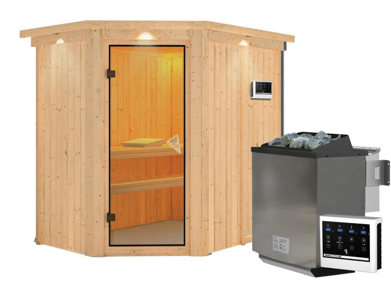 Karibu Sauna Carin inkl. 9 kW Bioofen ext. Steuerung mit bronzierter Ganzglastür - mit Dachkranz - - Image 4