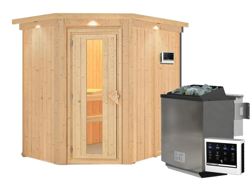 Karibu Sauna Carin inkl. 9 kW Bioofen ext. Steuerung mit energiesparender Saunatür - mit Dachkranz - - Image 4