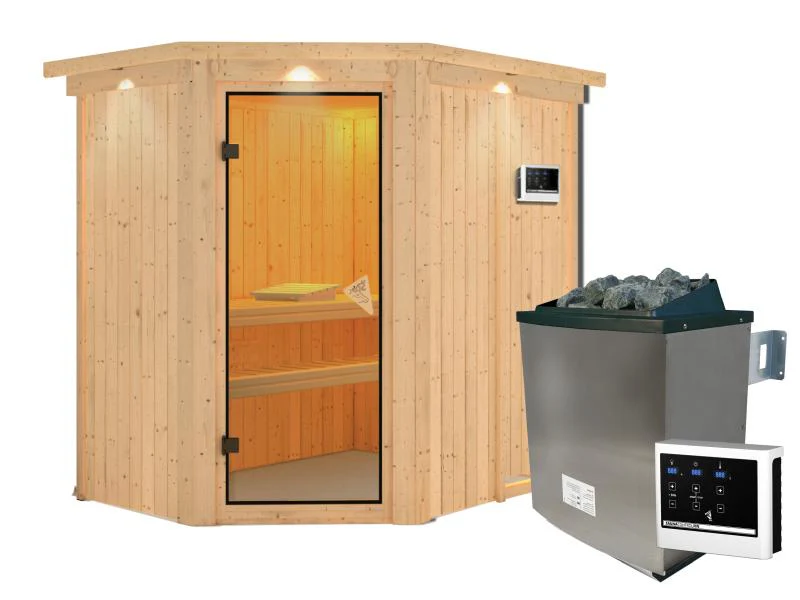 Karibu Sauna Carin inkl. 9 kW Ofen ext. Steuerung mit bronzierter Ganzglastür - mit Dachkranz - - Image 4