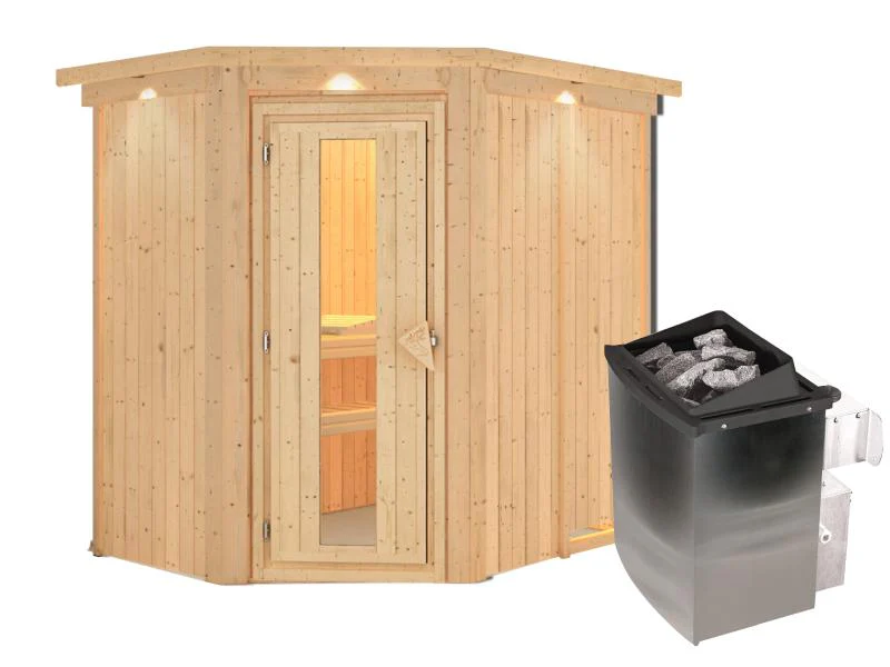 Karibu Sauna Carin inkl. 9 kW Ofen integr. Steuerung mit energiesparender Saunatür - mit Dachkranz - - Image 4