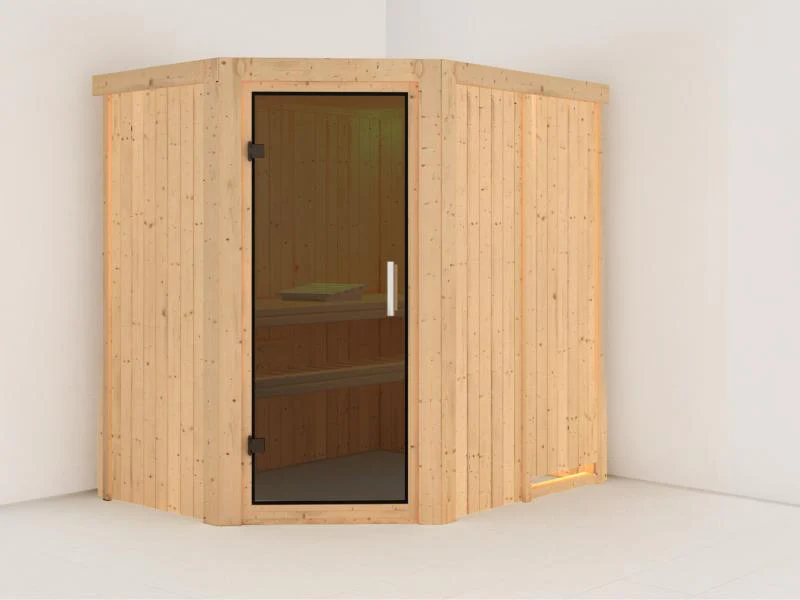 Karibu Sauna Carin ohne Ofen, ohne Dachkranz, mit moderner Saunatür