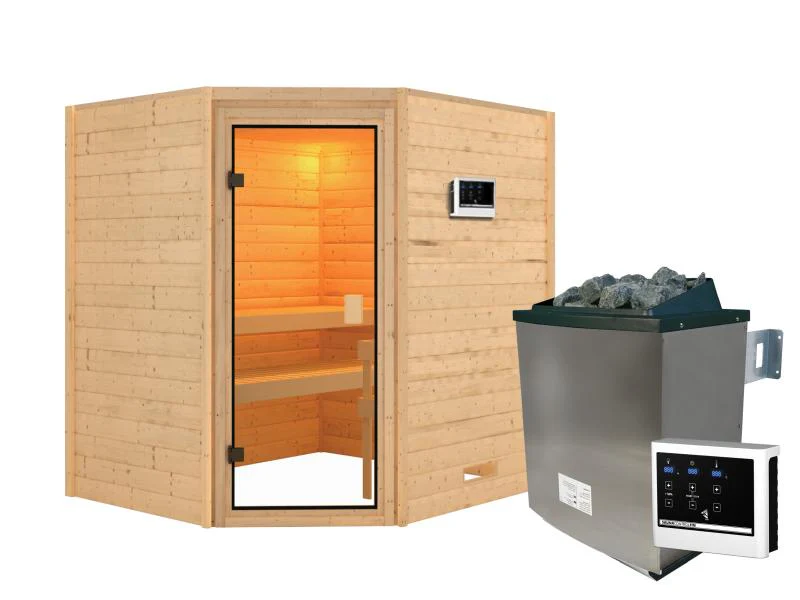 Karibu Sauna Elea inkl. 9 kW Ofen ext. Steuerung mit klassischer Saunatür -ohne Dachkranz- - Image 2