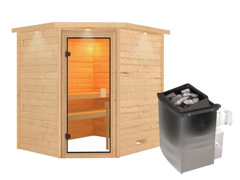 Karibu Sauna Elea inkl. 9 kW Ofen integr. Steuerung mit klassischer Saunatür -mit Dachkranz- - Image 2
