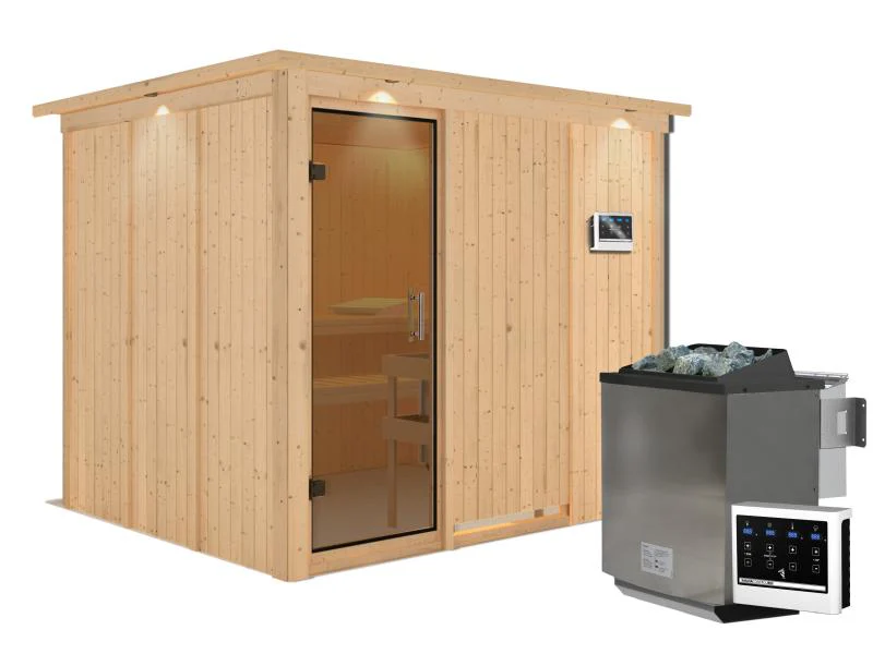 Karibu Sauna Gobin inkl. 9-kW-Bioofen mit externer Steuerung, mit Dachkranz, mit moderner Saunatür - Image 2