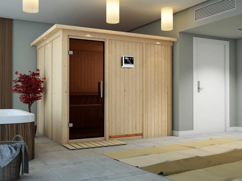 Karibu Sauna Gobin inkl. 9-kW-Bioofen mit externer Steuerung, mit Dachkranz, mit moderner Saunatür - Image 4