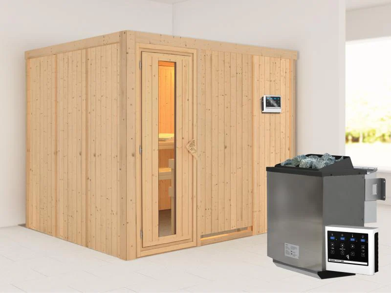 Karibu Sauna Gobin inkl. 9-kW-Bioofen mit externer Steuerung, ohne Dachkranz, mit energiesparender S