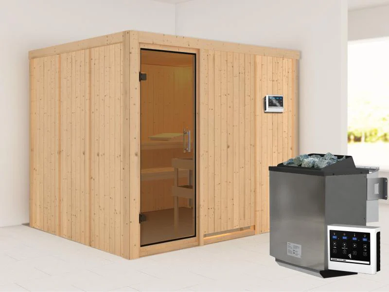 Karibu Sauna Gobin inkl. 9-kW-Bioofen mit externer Steuerung, ohne Dachkranz, mit moderner Saunatür