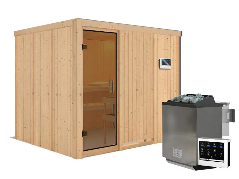 Karibu Sauna Gobin inkl. 9-kW-Bioofen mit externer Steuerung, ohne Dachkranz, mit moderner Saunatür - Image 2