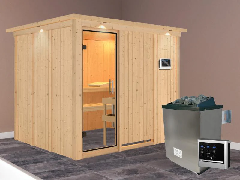 Karibu Sauna Gobin inkl. 9 kW Ofen mit ext. Steuerung, mit Dachkranz, mit Klarglas Ganzglastür - Image 2