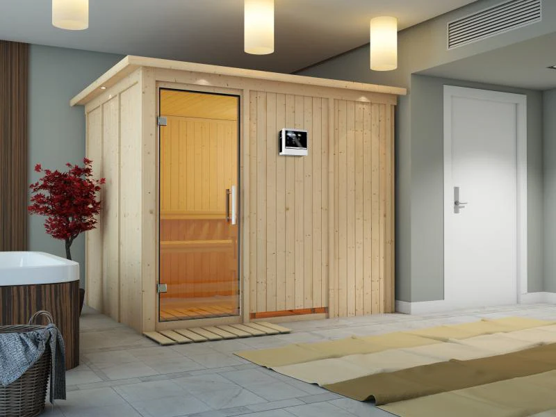 Karibu Sauna Gobin inkl. 9 kW Ofen mit ext. Steuerung, mit Dachkranz, mit Klarglas Ganzglastür - Image 4