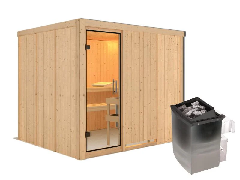 Karibu Sauna Gobin inkl. 9 kW Ofen mit int. Steuerung, ohne Dachkranz, mit Klarglas Ganzglastür - Image 2
